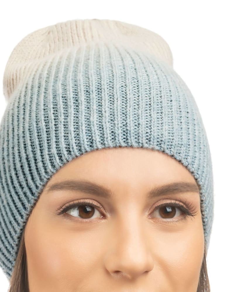 Front of a model wearing a size one-size-fits-all Dip Dye Beanie In Medium Blue in Medium Blue by Lemon. | dia_product_style_image_id:350086